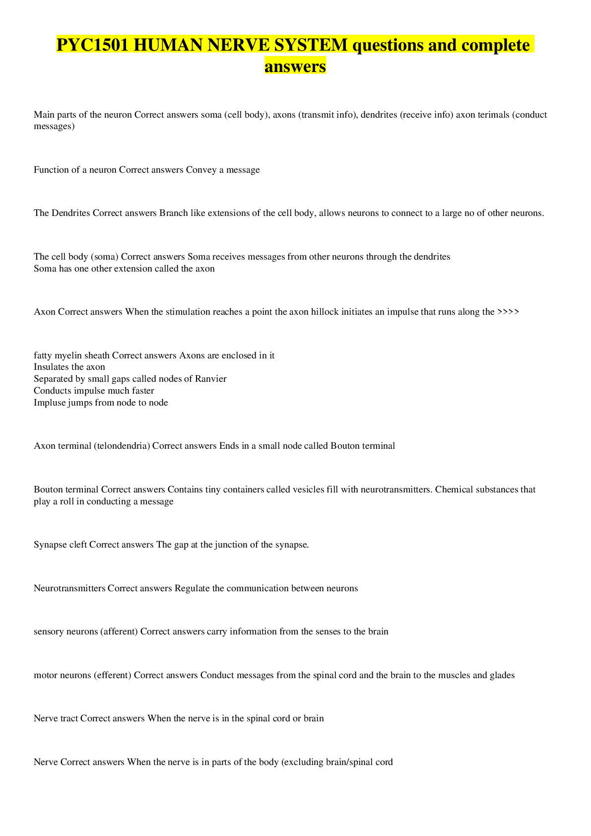 Preview image for PYC1501 HUMAN NERVE SYSTEM questions and complete answers